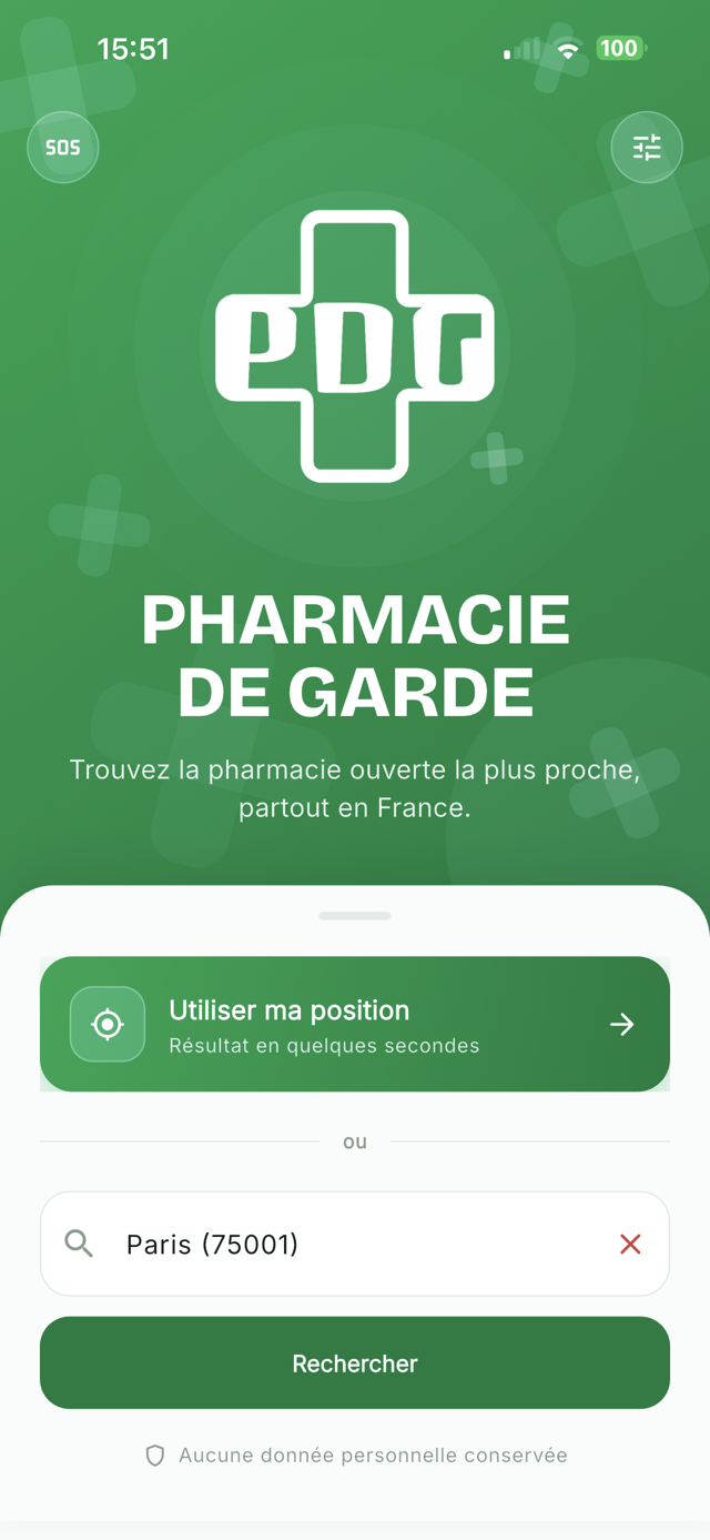 Écran d'accueil de l'application