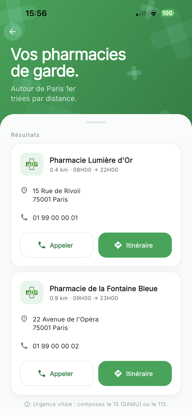 Écran de résultat, pharmacie trouvée